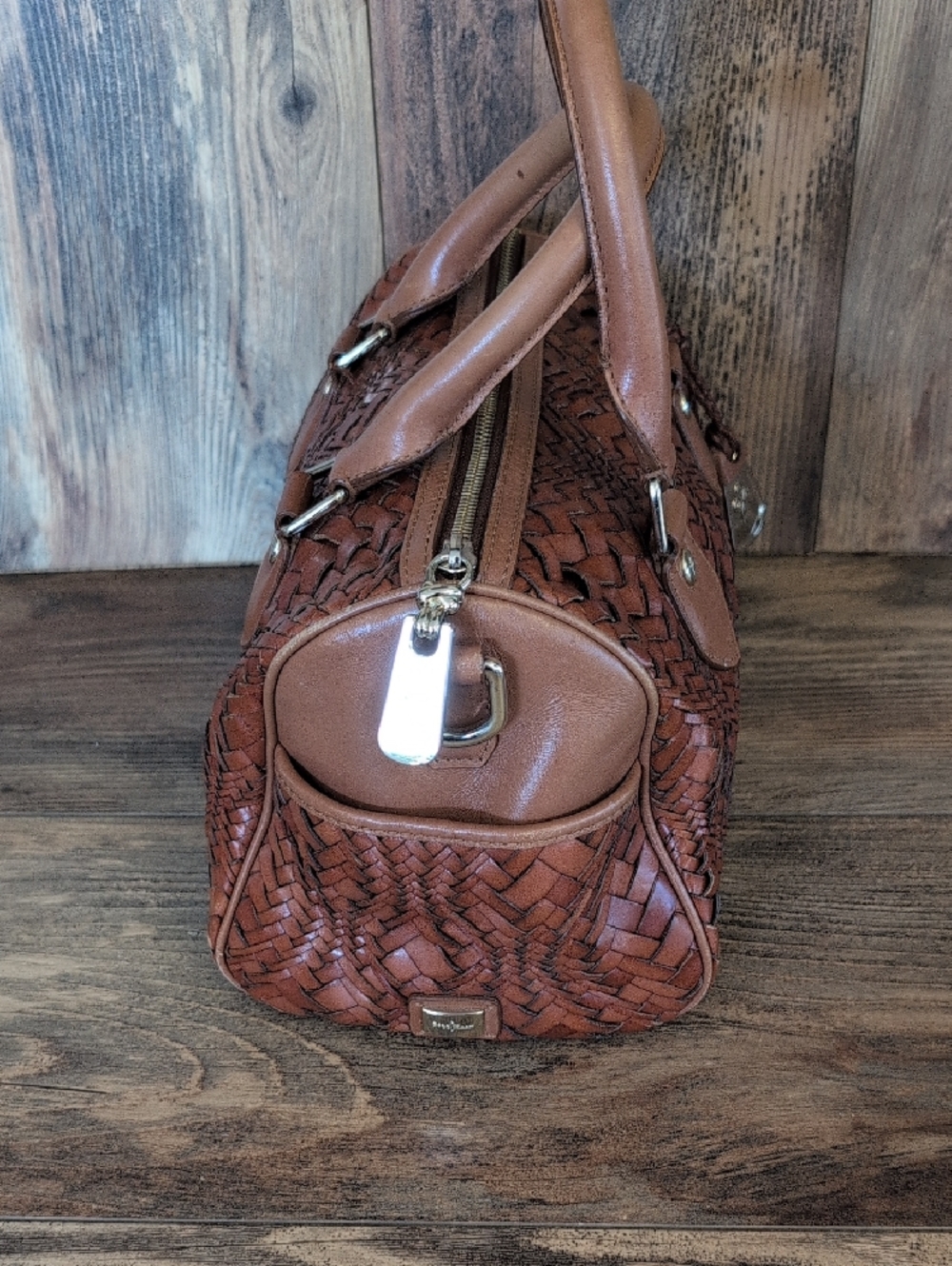Cole Haan Woven Leather Satchel Boston Handbag M354 - Picture 3 of 15